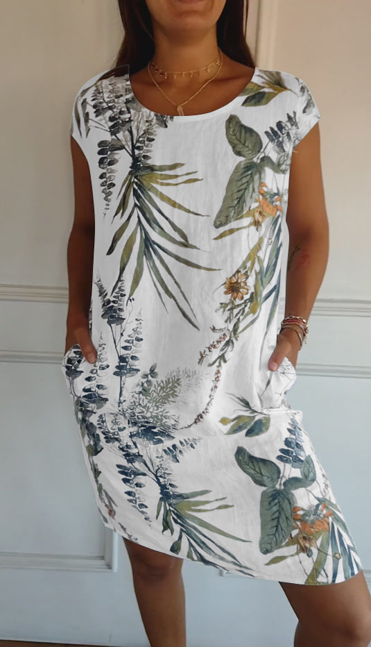 lusailstore - Women's Cotton & Linen Round Neck Printed Dress