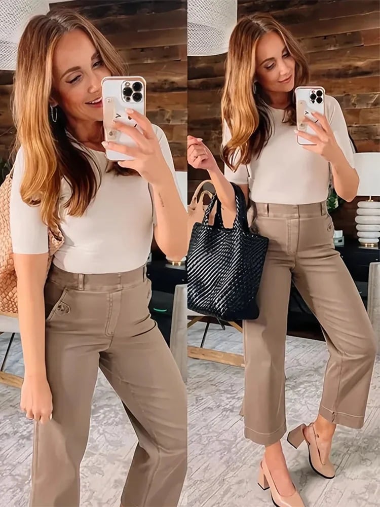 lusailstore-Tummy Control Twill Cropped Wide Leg Pant