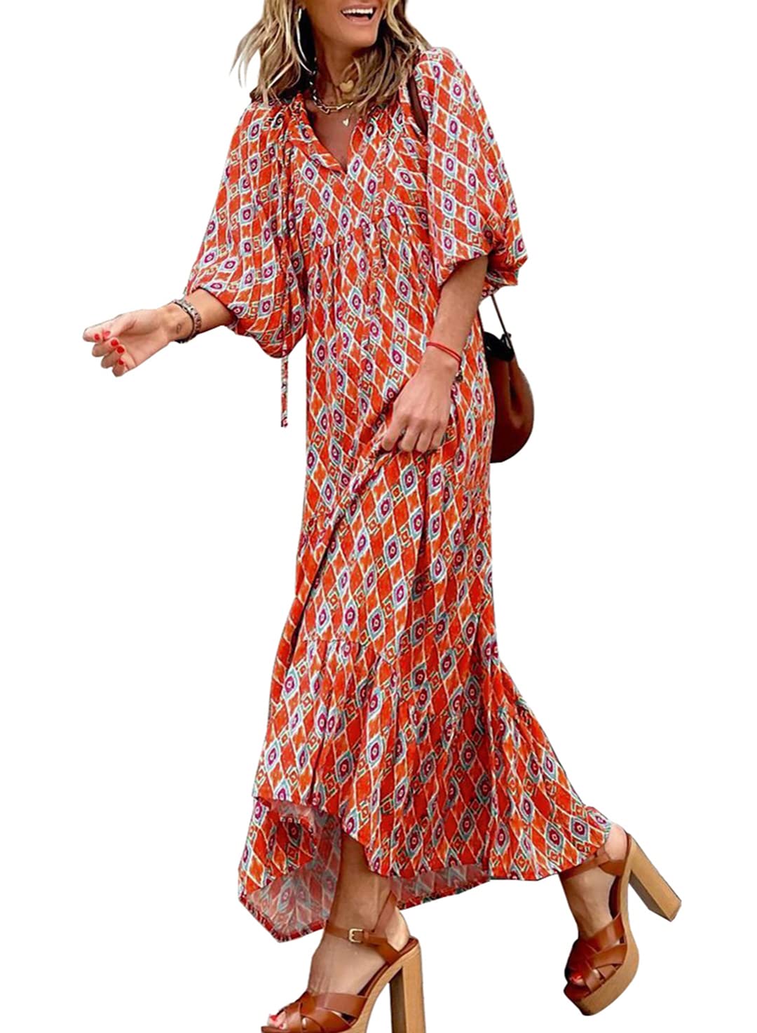 lusailstore - womens puff sleeve geometric bohemian maxi dresses