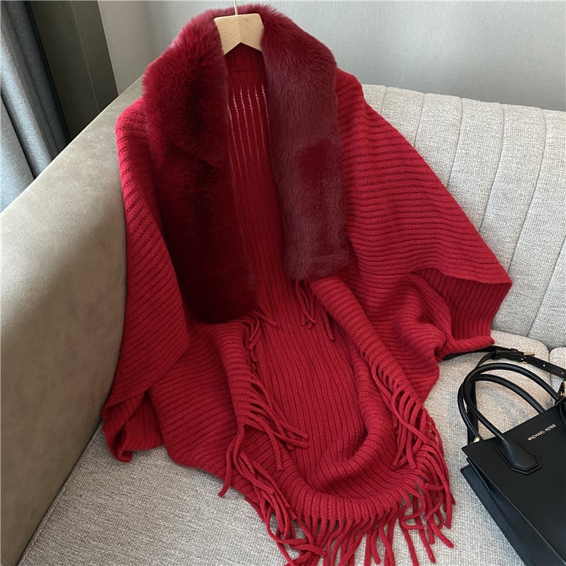 lusailstore - Winter knitted tassel fur collar shawl