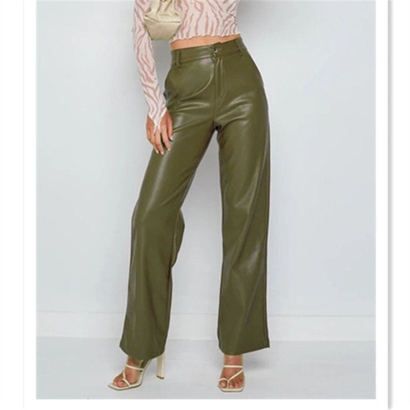 lusailstore - Faux leather high-waisted straight-leg pants
