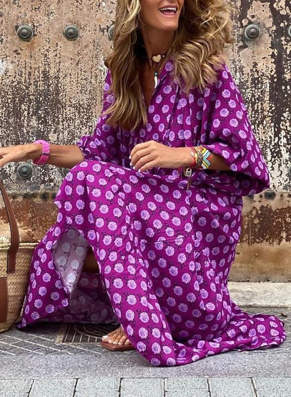 lusailstore - womens puff sleeve geometric bohemian maxi dresses
