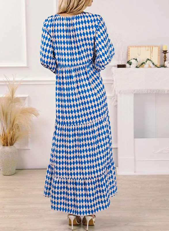 lusailstore - womens puff sleeve geometric bohemian maxi dresses