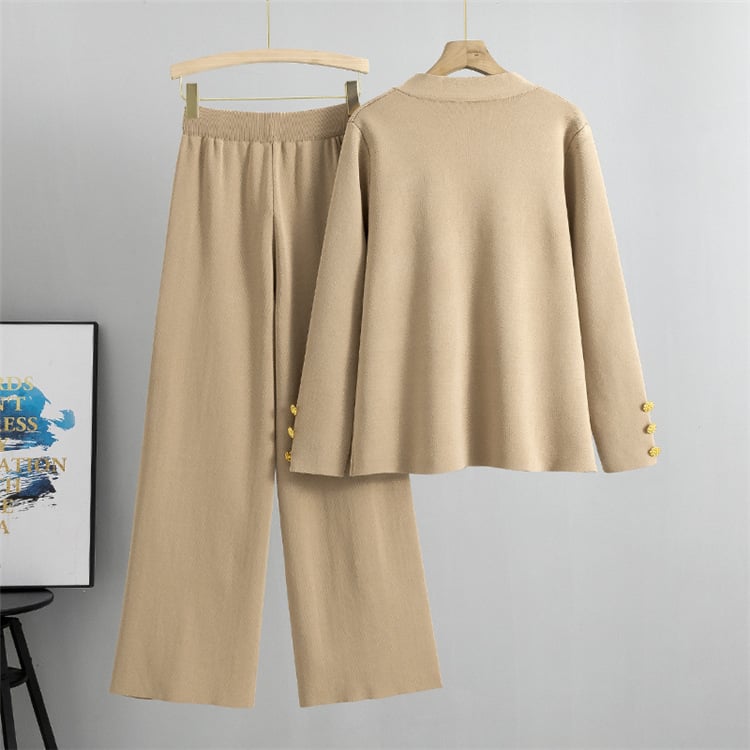 lusailstore - metal button wool sweater wide-leg pants suits