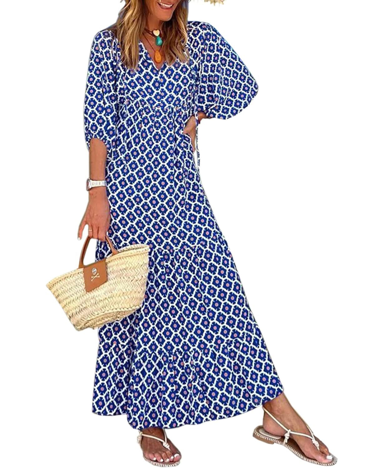 lusailstore - womens puff sleeve geometric bohemian maxi dresses