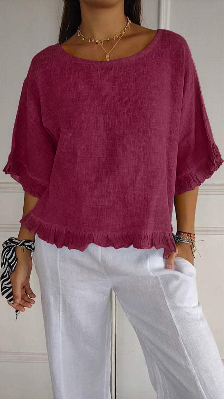 lusailstore - round neck ruffled hem mid sleeve cotton and linen top