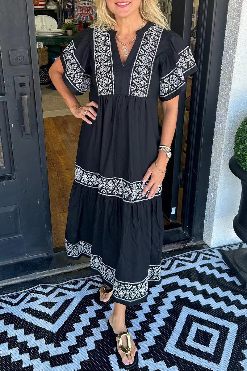 lusailstore - Geometric print patchwork V-neck A-line short-sleeved dress