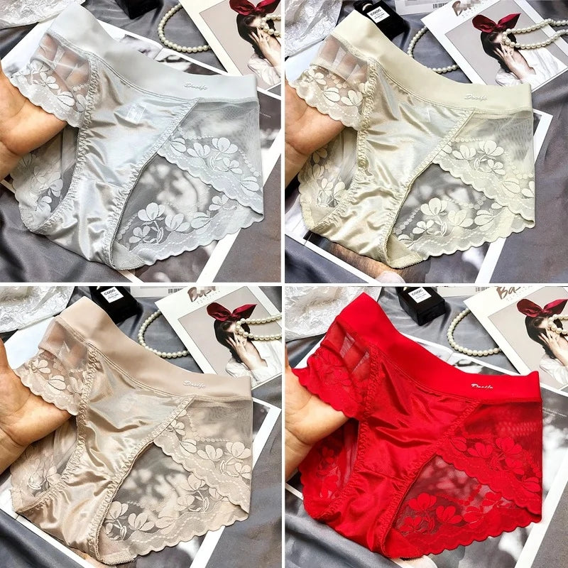lusailstore - Women's High-end Satin Light Luxury Lace Breathable Mesh Cotton Briefs