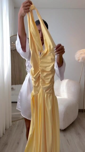 lusailstore - Halter neck V-neck open back pleated slit high waist midi dress