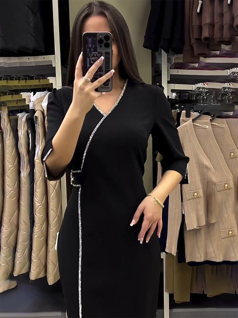 lusailstore - V-neck Slim Fit Temperament Dress