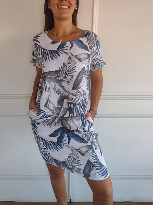 lusailstore - Women's Cotton & Linen Round Neck Printed Dress