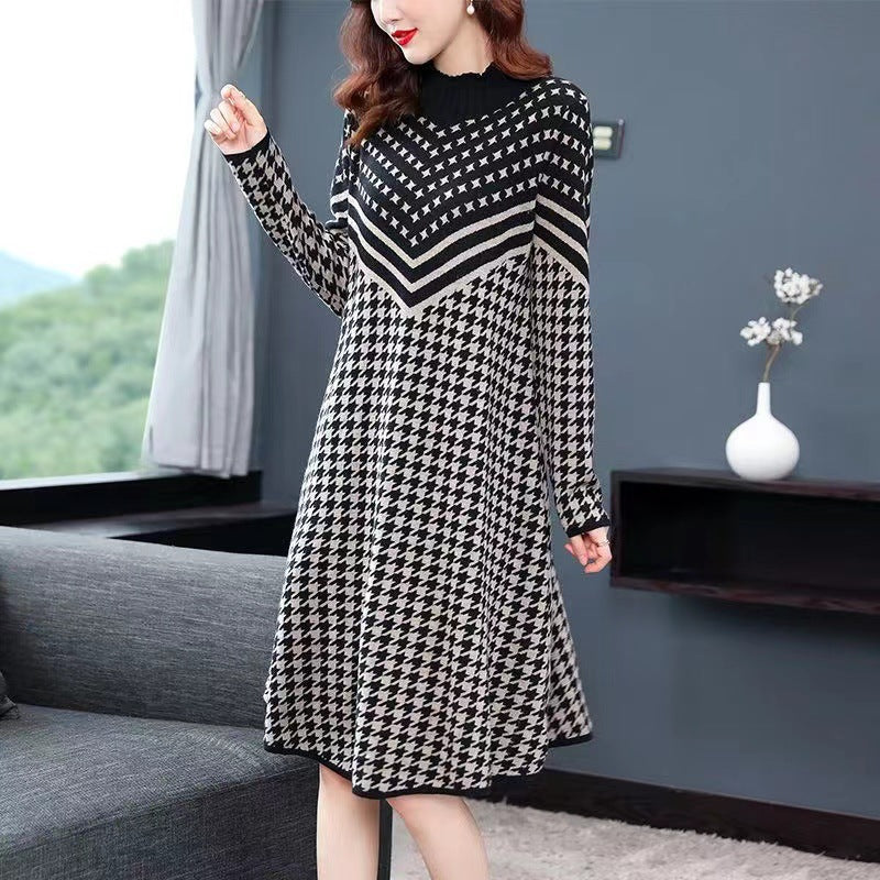 lusailstore-Printed Plaid Knit Dress