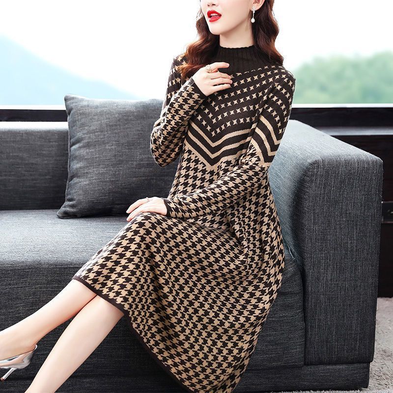 lusailstore-Printed Plaid Knit Dress