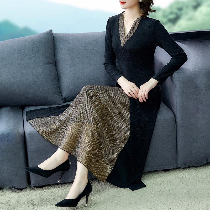 lusailstore-Lady’s Temperament Fake 2-piece Long-sleeve Dress
