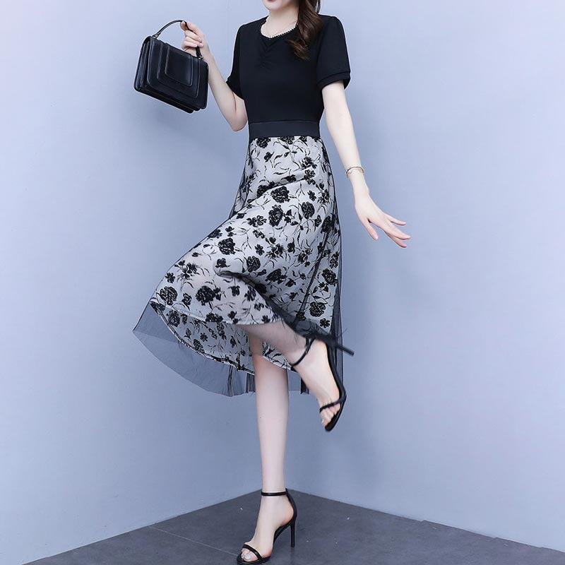 lusailstore-Women's Black Short-sleeve Patchwork Mesh Dress