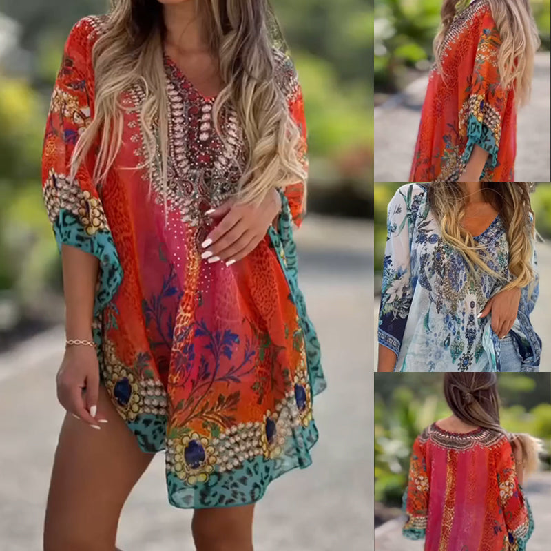 lusailstore - loose printed v-neck ethnic style blouses