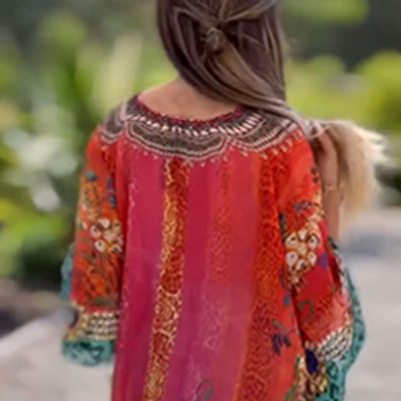 lusailstore - loose printed v-neck ethnic style blouses