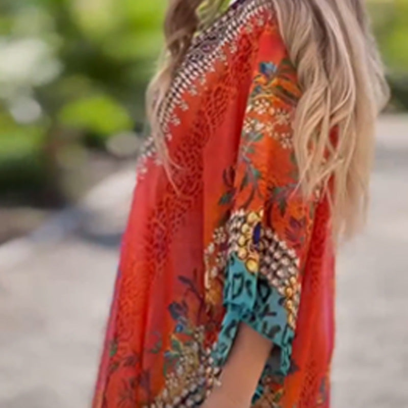 lusailstore - loose printed v-neck ethnic style blouses
