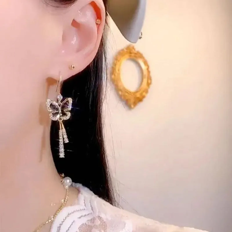 lusailstore-Crystal Butterfly Tassel Earrings