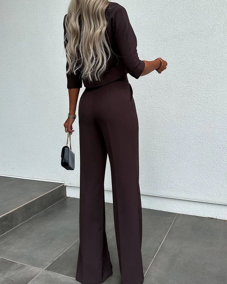 lusailstore- Fashionable solid color high waisted straight pants suit