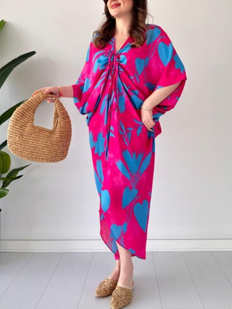 lusailstore - Fashion Printed Bat Sleeve V-Neck Dress