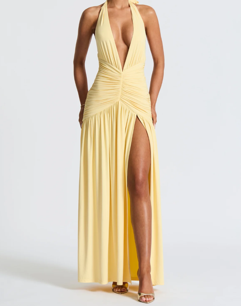 lusailstore - Halter neck V-neck open back pleated slit high waist midi dress