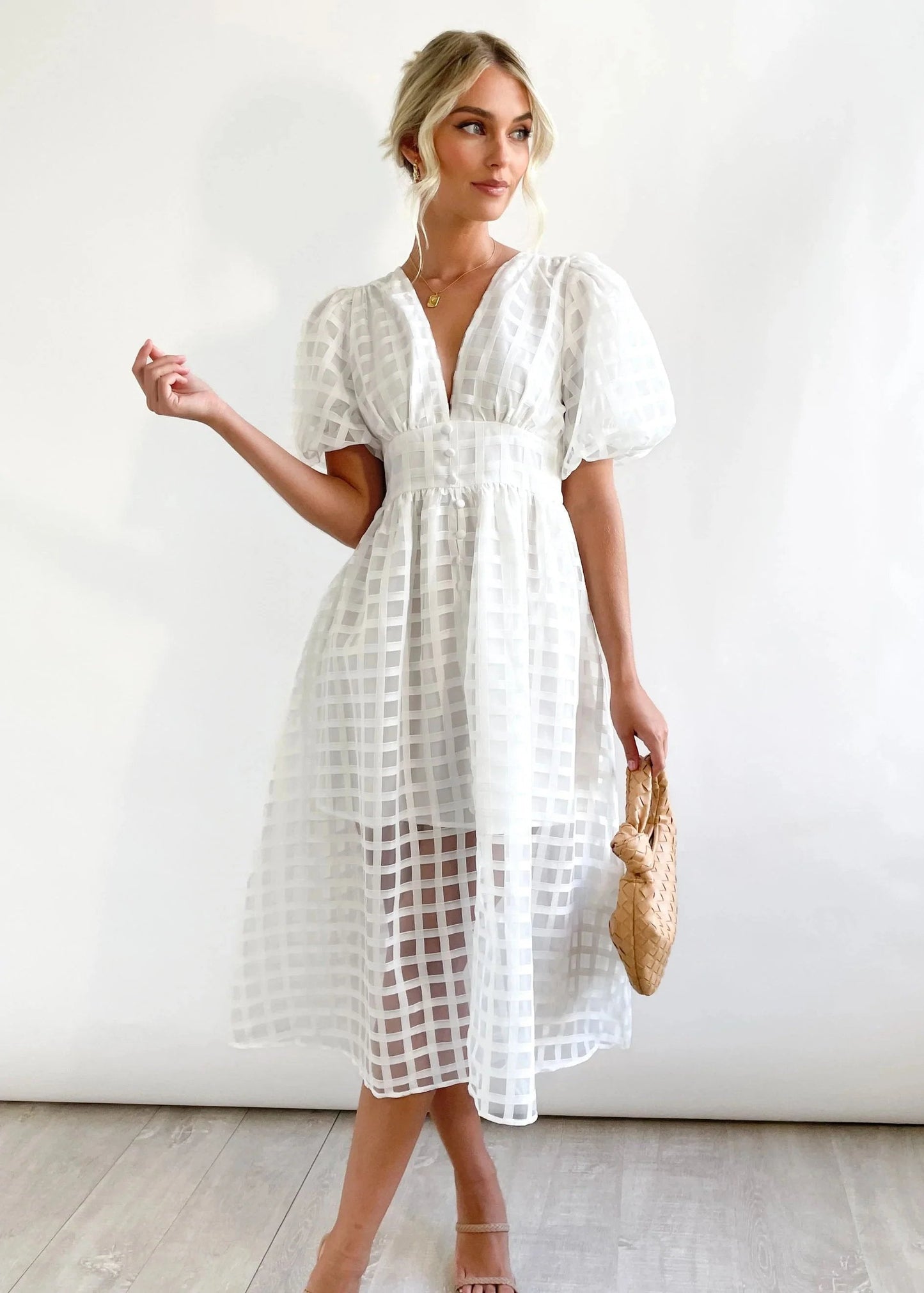 lusailstore- Beautiful square pattern fabric puff sleeve midi