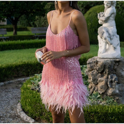 lusailstore - Women's Feather Fringe Sequin Spaghetti Strap Dress