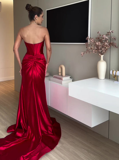 lusailstore - strapless slit red evening dress red