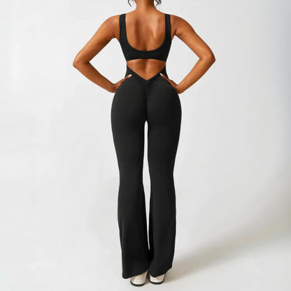 lusailstore - Scrunch V-Back Flared Jumpsuit