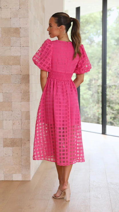 lusailstore- Beautiful square pattern fabric puff sleeve midi