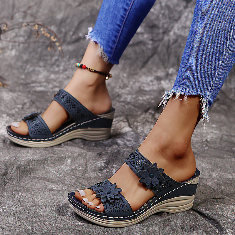 lusailstore - Retro Casual Flower Wedge Sandals Slippes