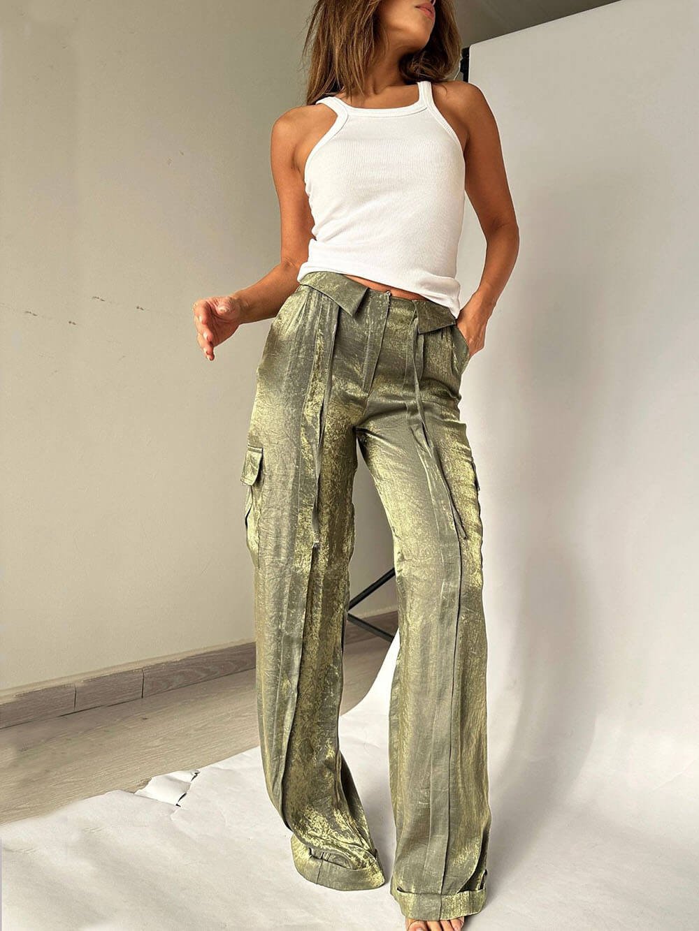 lusailstore - Golden Years Glitter Fabric Drawstring Waist Pocketed Wide Leg Pants