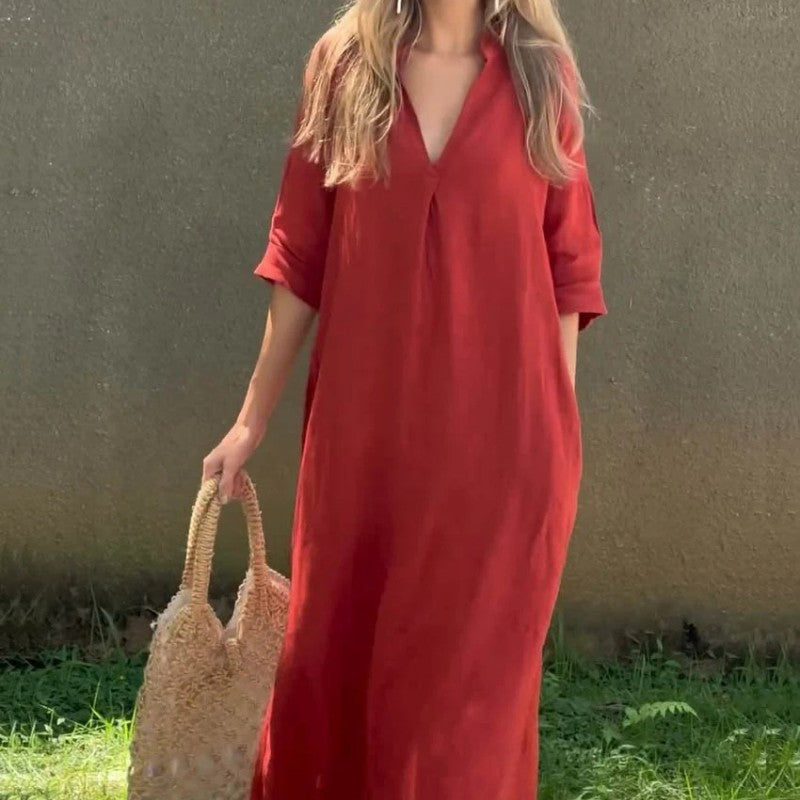 Glanzende midi kunstleer bandjes V-hals jurk met split, bruin, S Glanzende midi kunstleer bandjes V-hals jurk met split, bruin, S