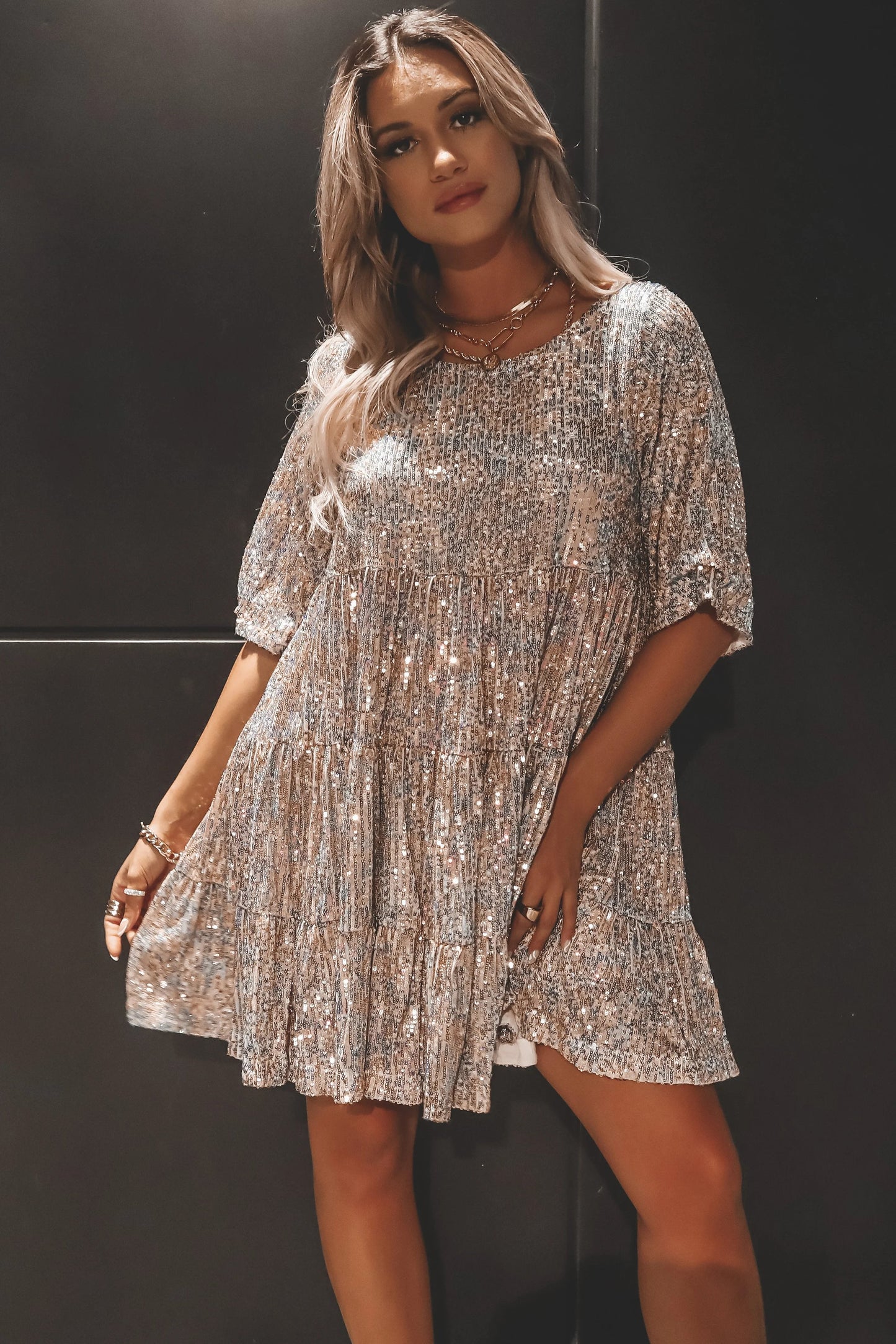 lusailstore- Sequin Baby Doll Dress