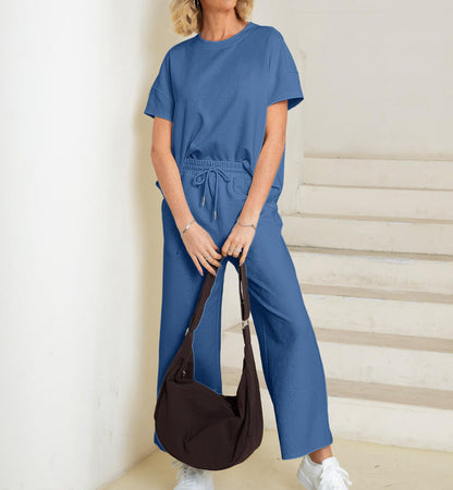 lusailstore - Casual short-sleeved loose top and wide-leg pants suit