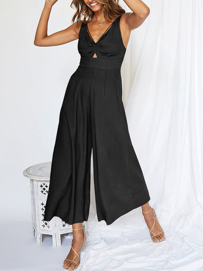 lusailstore - V Neck Cutout High-Waist Jumpsuits