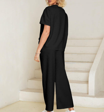 lusailstore - Casual short-sleeved loose top and wide-leg pants suit