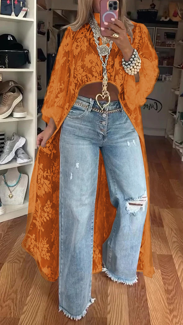 lusailstore - women's round neck lace short-front-long-back casual tops