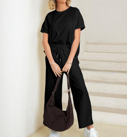 lusailstore - Casual short-sleeved loose top and wide-leg pants suit