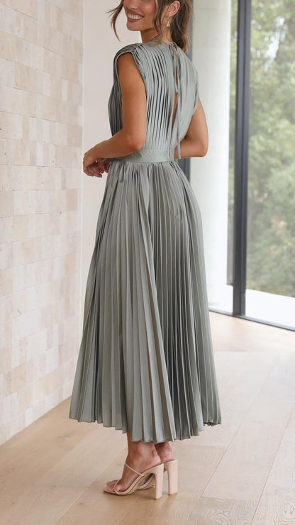 lusailstore - Draped V-Neck Pleated Skirt Dress