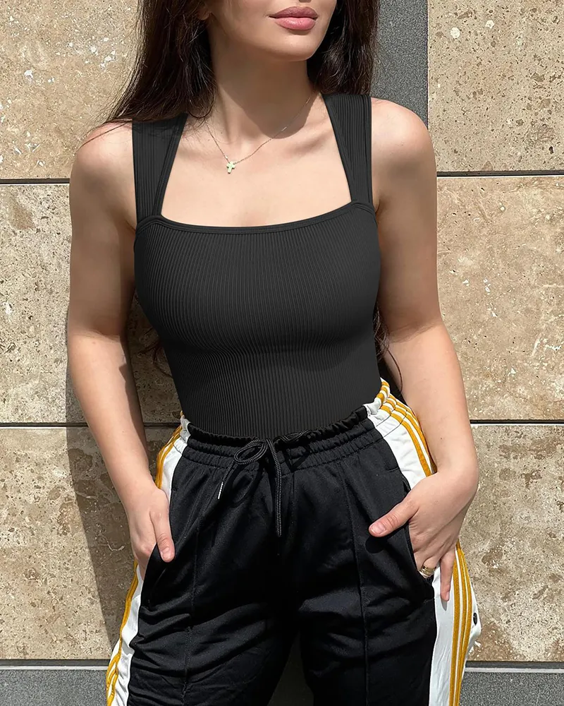 lusailstore - Women's Ribbed Square Neck Sleeveless Bodysuit with Tummy Control