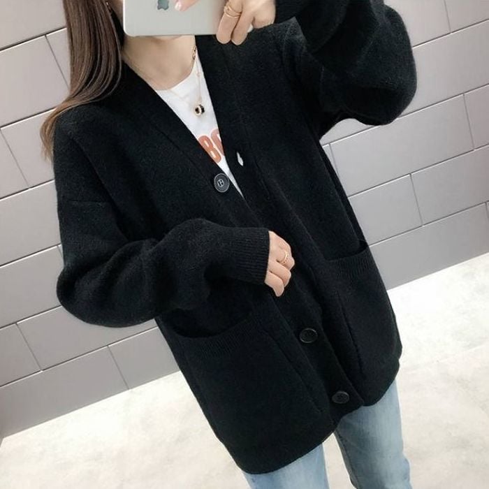 lusailstore - Lazy-style Solid-color Knitted Cardigan