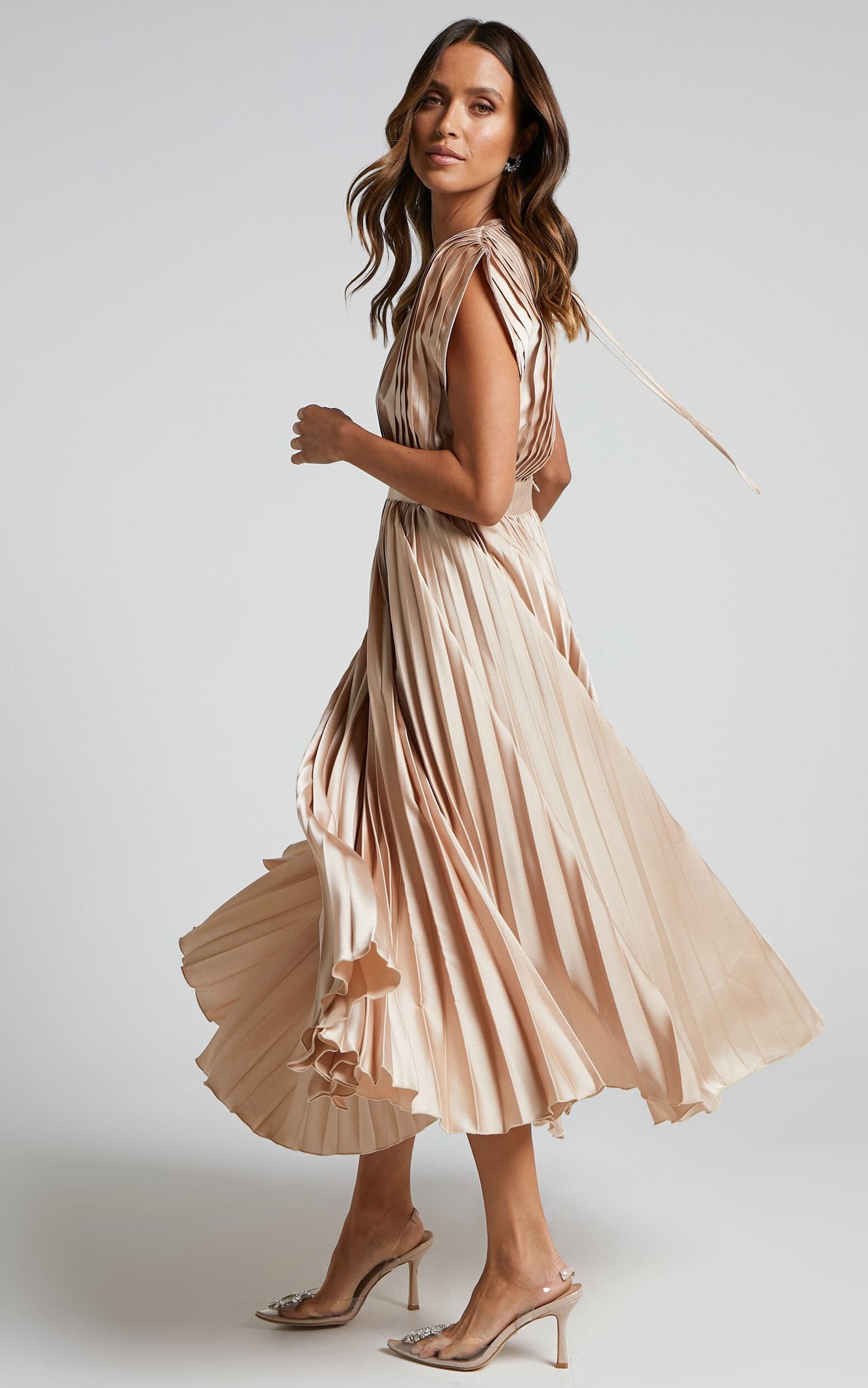 lusailstore - Draped V-Neck Pleated Skirt Dress