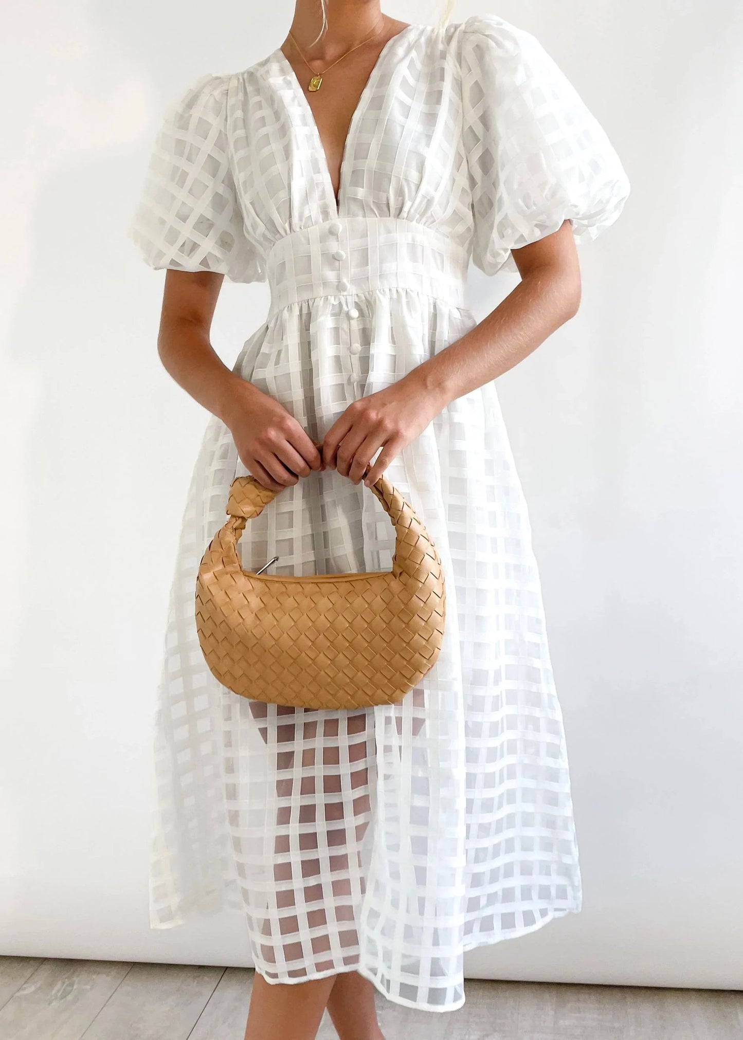 lusailstore- Beautiful square pattern fabric puff sleeve midi