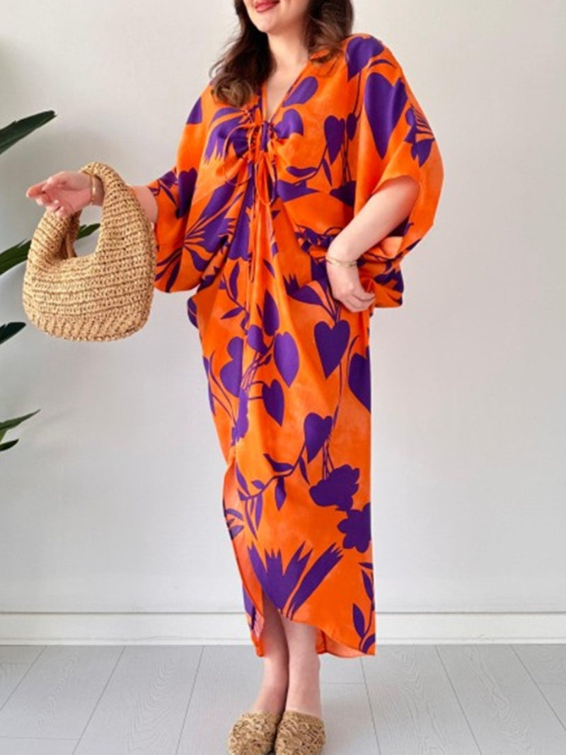 lusailstore - Fashion Printed Bat Sleeve V-Neck Dress