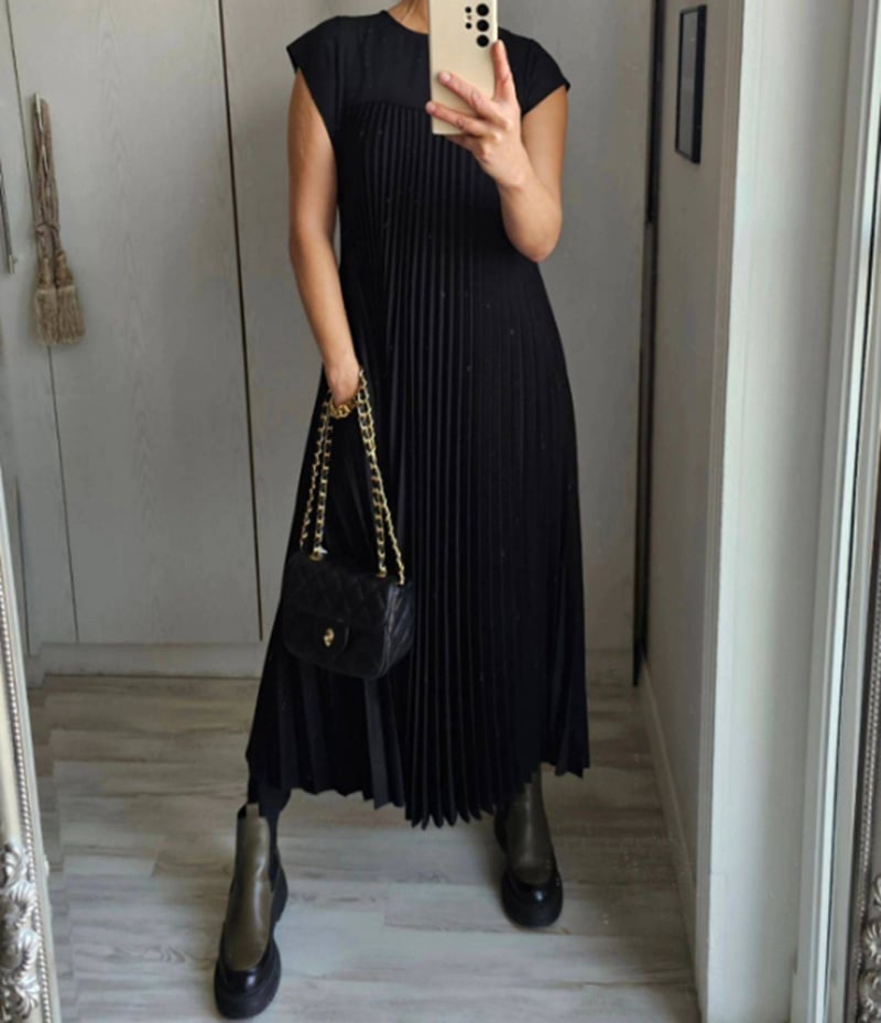 lusailstore - Women Pleated Simple Solid Color Dress