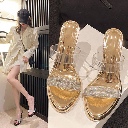 lusailstore - Rhinestone Transparent Strap High-heeled Sandals