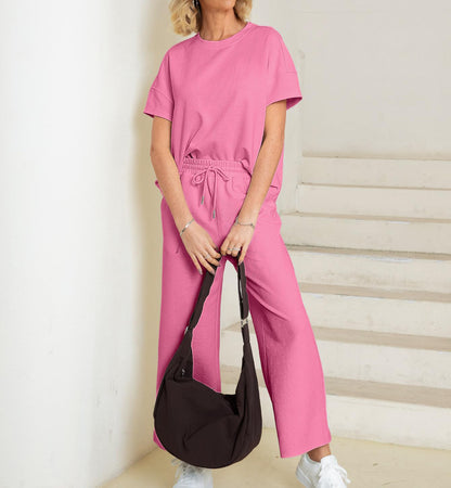 lusailstore - Casual short-sleeved loose top and wide-leg pants suit