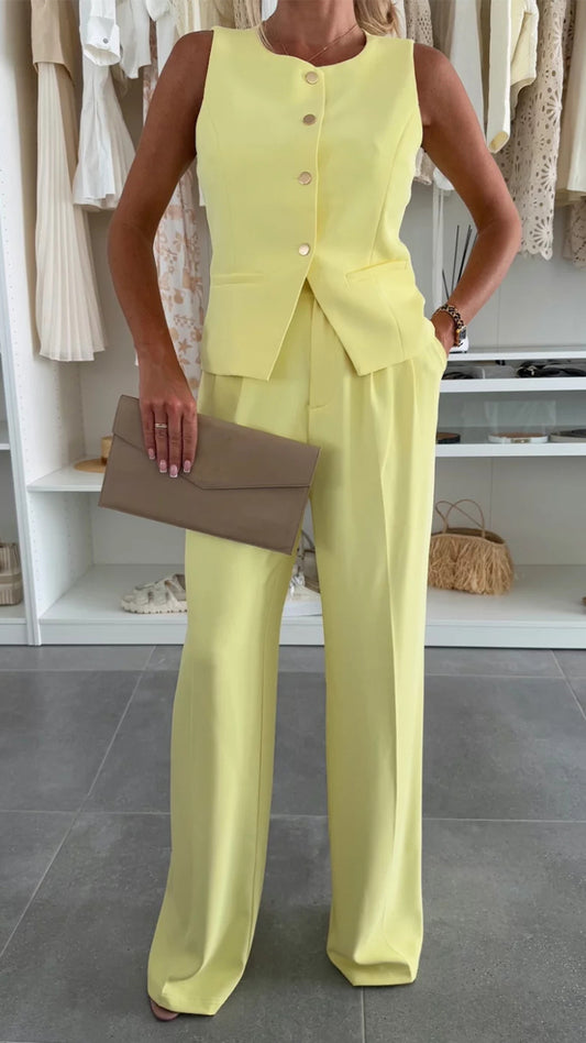 lusailstore - Elegant V-neck button-trimmed vest and trouser suit